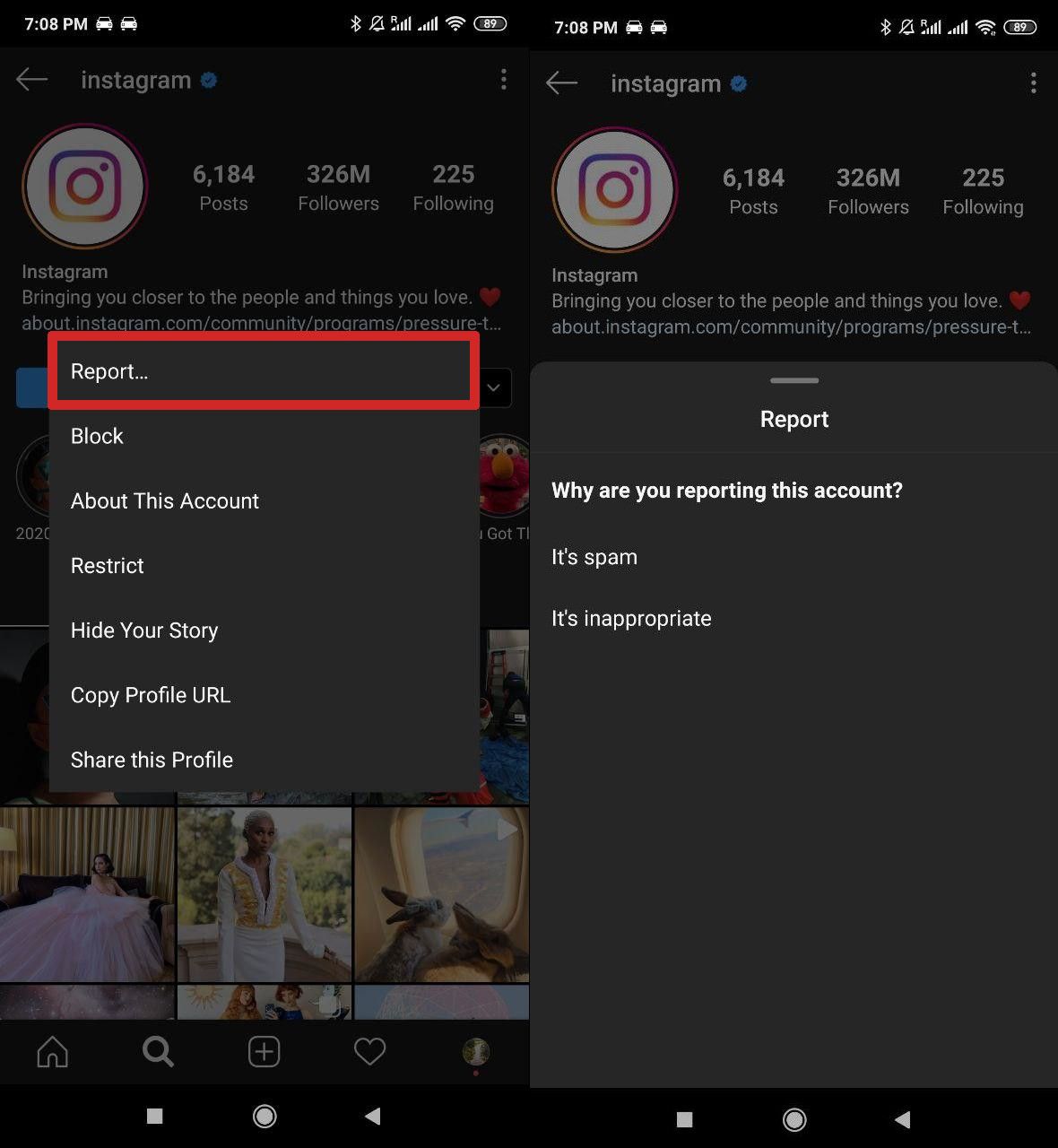 Reporting an Instagram account in the Android App